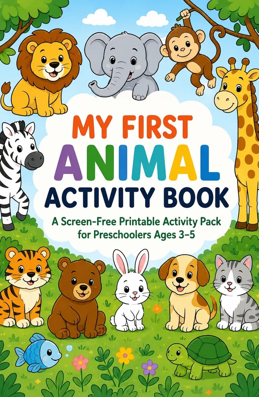 Cover of My First Animal Activity Book, with a lion, elephant, giraffe and other friendly animals
